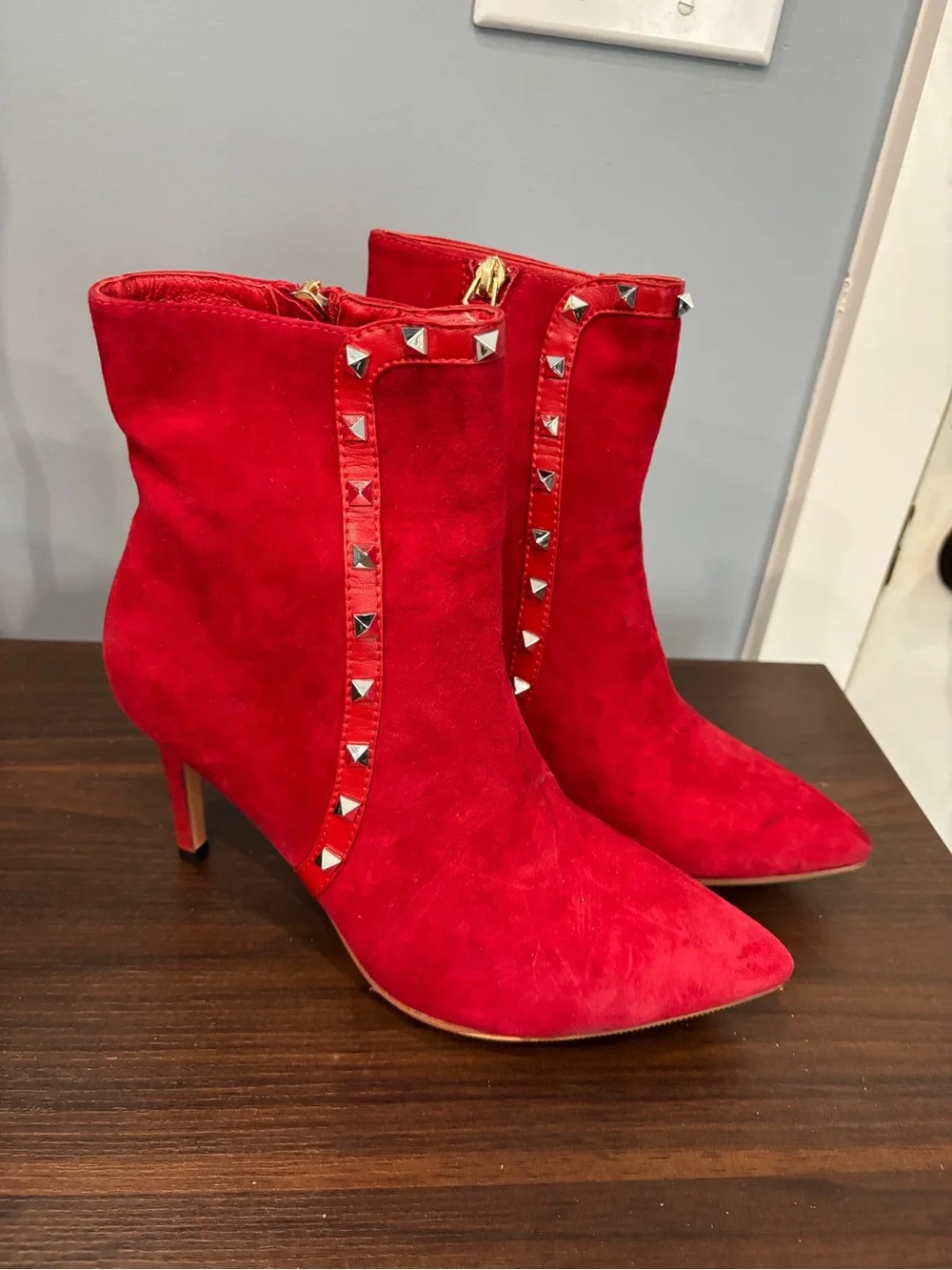 Valentino Garavani Red Suede Pyramid-Stud Ankle Boots
